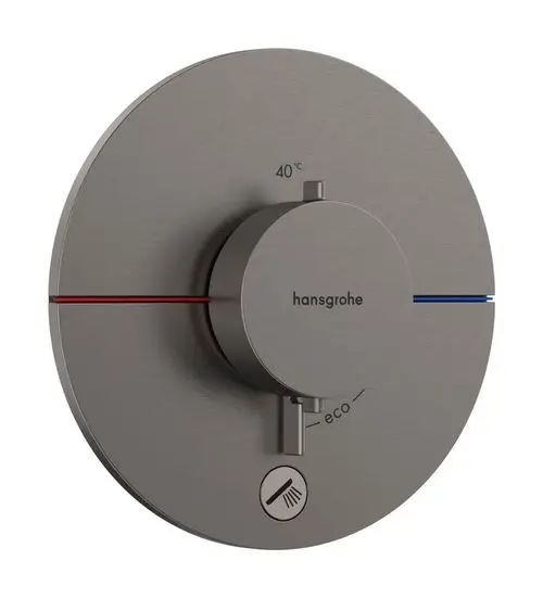 Thermostatcommande von Hansgrohe in Brushed Black Chrome für die Steuerung einer Dusche, mit Temperatureinstellung und Eco-Funktion.
